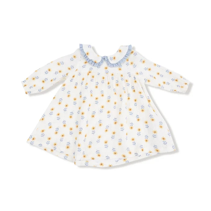 Angel Dear Muslin Peter Pan Collar Dress and Ribbed Leggings - Western Sunflower - Eyelet Trim