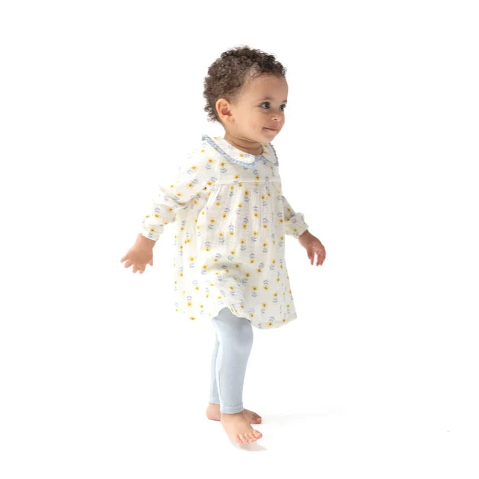 Angel Dear Muslin Peter Pan Collar Dress and Ribbed Leggings - Western Sunflower - Eyelet Trim
