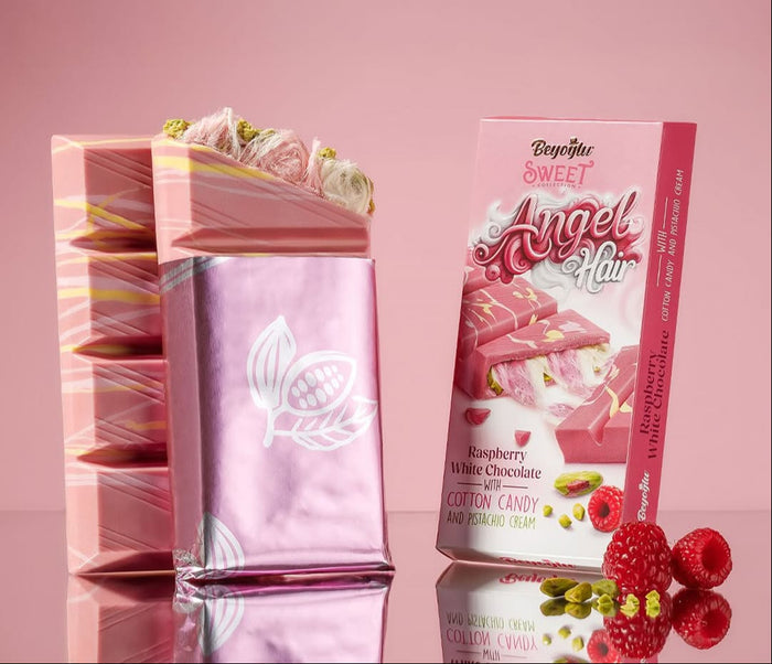 Packaging of 'Angel Hair' candy with a pink background and text.