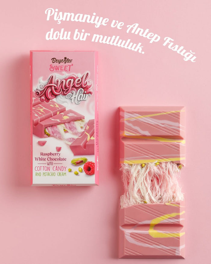 Packaging of Angel Hair candy with cotton candy and raspberry flavor on a pink background