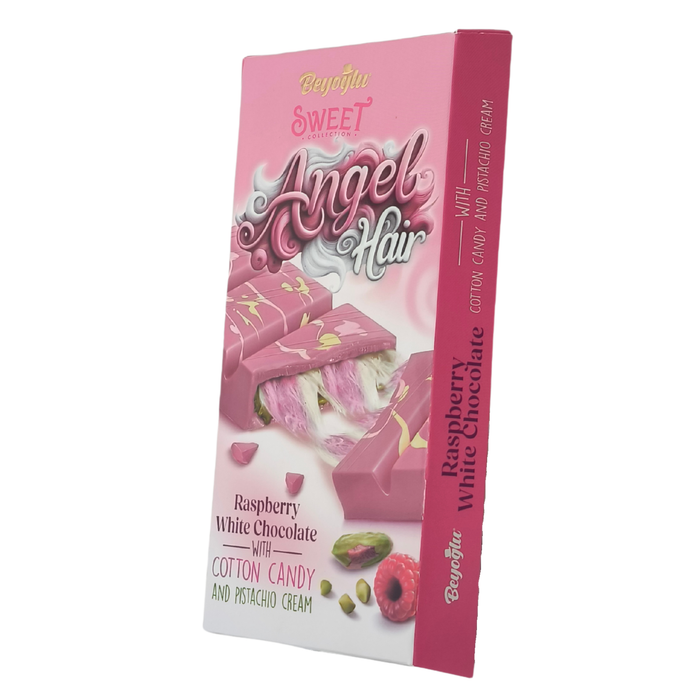 Beyoglu Angel Hair Raspberry White Chocolate with Cotton Candy and Pistachio Cream – 170 grams (6 oz) – Product packaging on a clean white background
