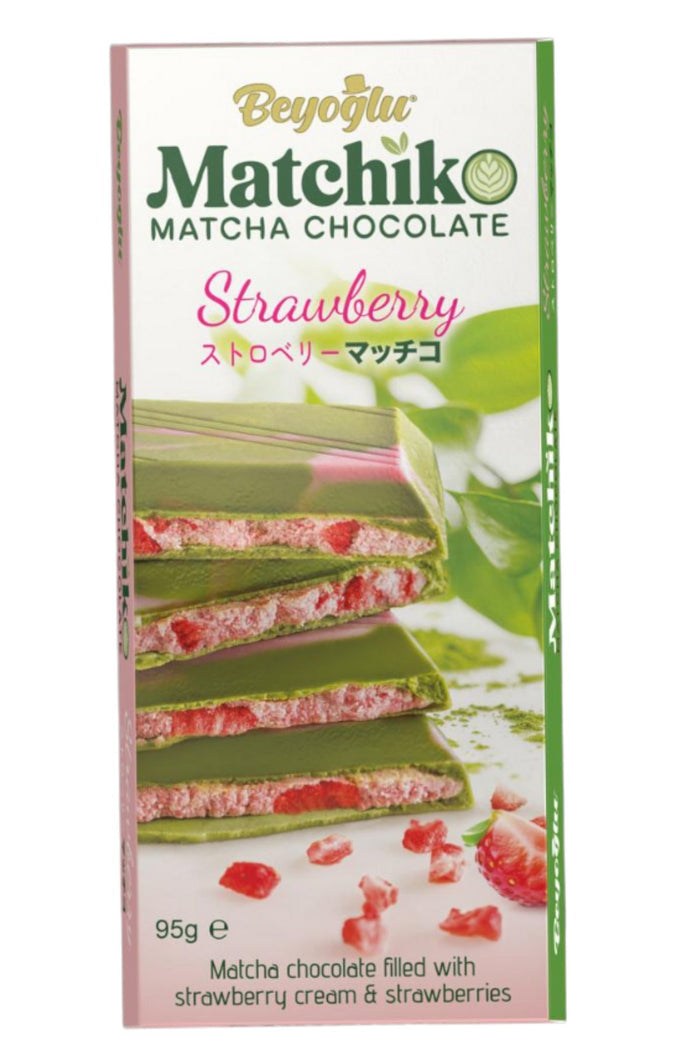 Beyoglu Matchiko Matcha Chocolate filled with strawberry cream and strawberries with Japanese Matcha
