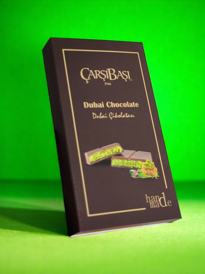Front view of Carsibasi Handmade Dubai Chocolate 95 Grams gift box available on Turcamart