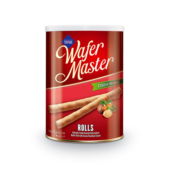 Enjoy the rich taste of Cizmeci Time Hazelnut Wafer Master, a deliciously crispy rolled wafer filled