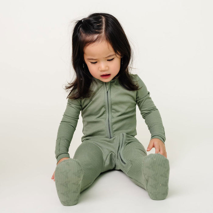 Copper Pearl Rib Knit Zip-up Footie - Clover