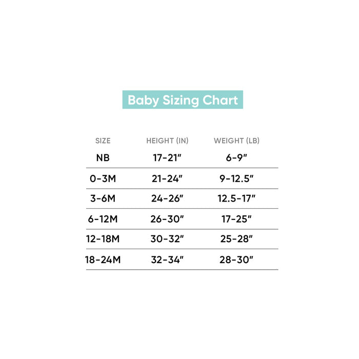 Size chart for Copper Pearl Rib Knit Zip-up Footie - Moss