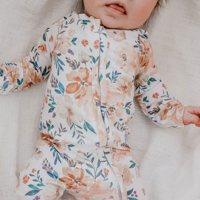 Baby girl wearing Copper Pearl Zip-up Footie - Autumn