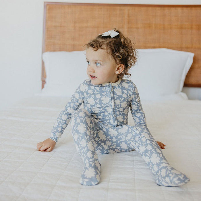 Little girl wearing Copper Pearl Zip-up Footie - Lacie