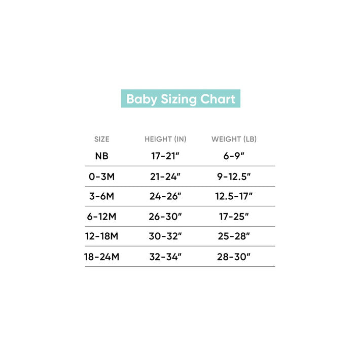Sizing chart for Copper Pearl Zip-up Footie - Lacie