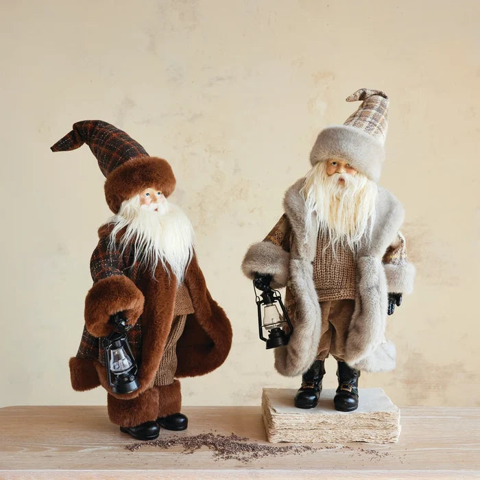 Creative Co-op Faux Fur Fabric & Resin Santa with Lantern