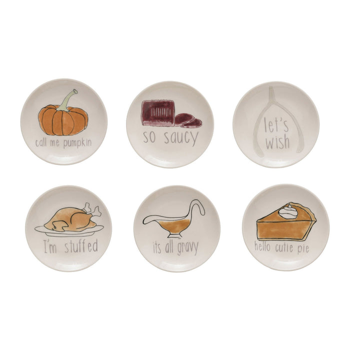 Creative Co-op Stoneware Plate with Thanksgiving Phrases - 5"