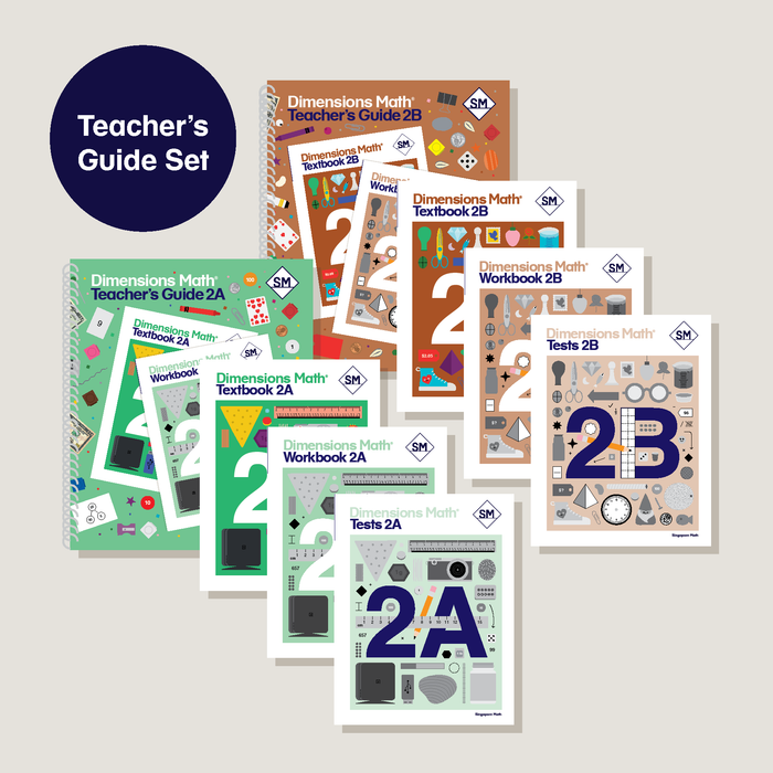 Collection of educational materials including textbooks, workbooks, and teacher's guides on a light gray background.