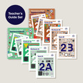 Collection of educational materials including textbooks, workbooks, and teacher's guides on a light gray background.