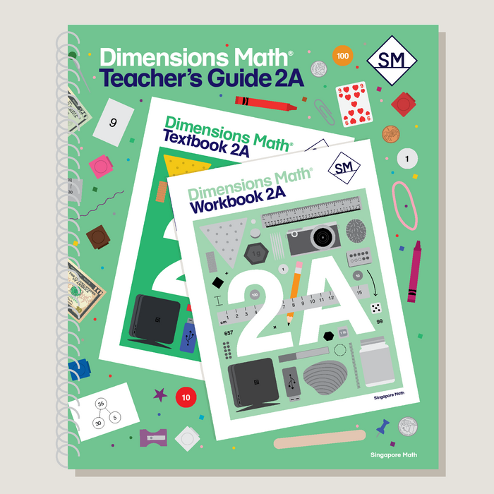 Cover of 'Dimensions Math Teacher's Guide 2A' featuring illustrations of mathematical concepts and tools, with a prominent green color and the title displayed.
