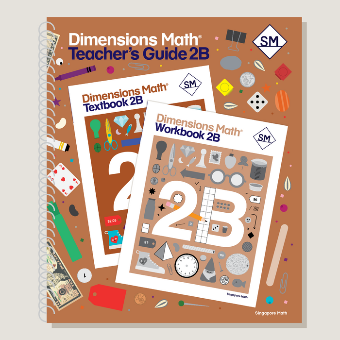 Cover of 'Dimensions Math Teacher's Guide 2B' featuring a spiral-bound book with a colorful design, including numbers, mathematical symbols, and educational tools like a protractor and dice.