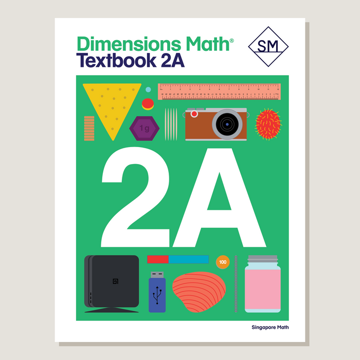Cover of Dimensions Math Textbook 2A featuring a green background with illustrations of a triangle, camera, protractor, and other geometric shapes and objects.