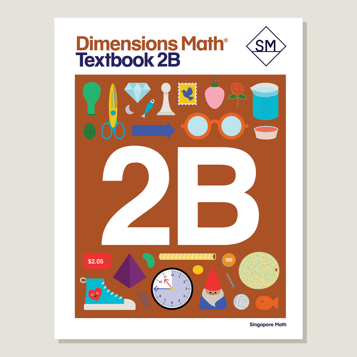Cover of Dimensions Math Textbook 2B featuring a colorful design with numbers and various mathematical symbols.