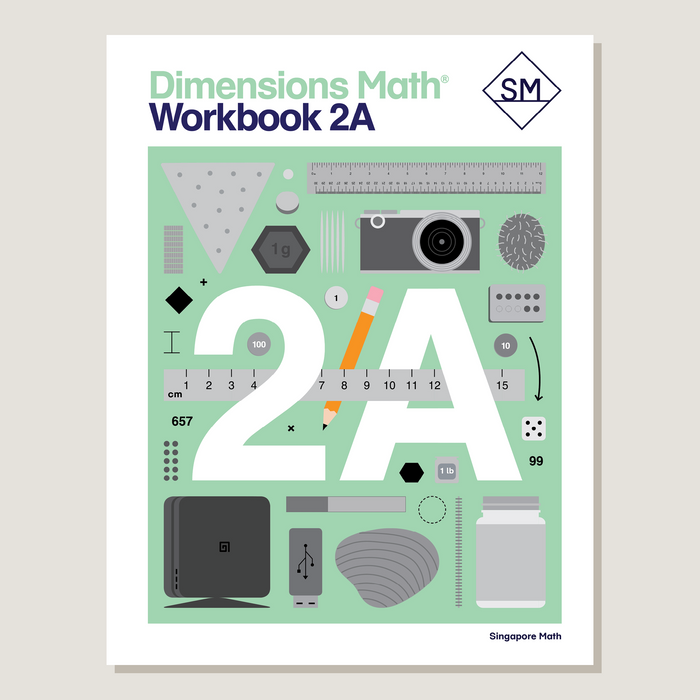 Cover of Dimensions Math Workbook 2A featuring a green background with illustrations of geometric shapes, a camera, and various other items relevant to the content of the workbook.