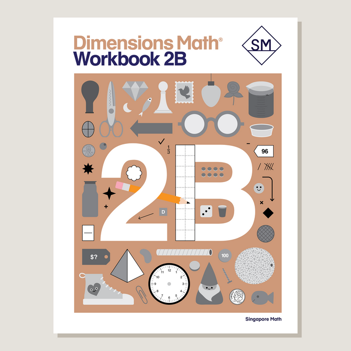 Cover of Dimensions Math Workbook 2B featuring a grid of various educational icons and the workbook's title prominently displayed.