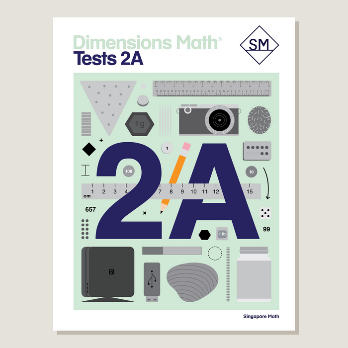 Cover of 'Dimensions Math Tests 2A' featuring a variety of educational items and the numbers 2A.