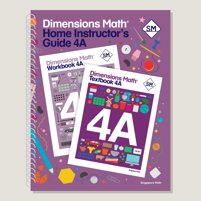 Cover of 'Dimensions Math Home Instructor's Guide 4A' featuring the title and images of a textbook and workbook with the numbers '4A' prominently displayed. The cover has a purple background with educational-related graphics.