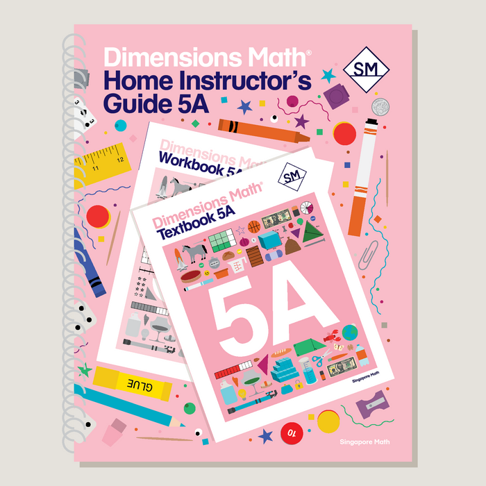 Dimensions Math Home Instructor's Guide 5A with workbook and textbook on a pink background