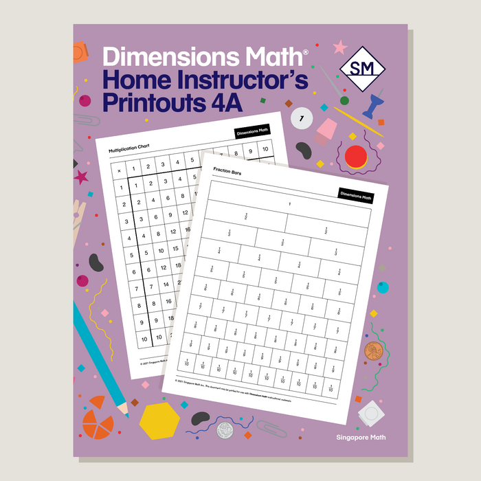 Cover of 'Dimensions Math Home Instructor's Printouts 4A' showing sample math worksheets and decorative elements related to mathematics.