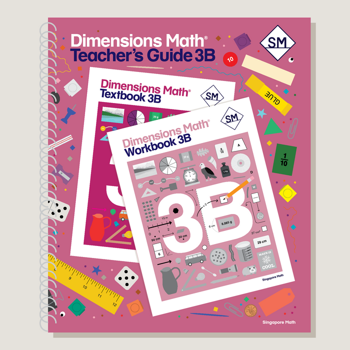 Cover of 'Dimensions Math Teacher's Guide 3B' featuring illustrations of mathematical concepts and tools with a pink background.