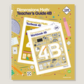 Cover of 'Dimensions Math Teacher's Guide 4B' featuring the title and images of a textbook and workbook with mathematical content.