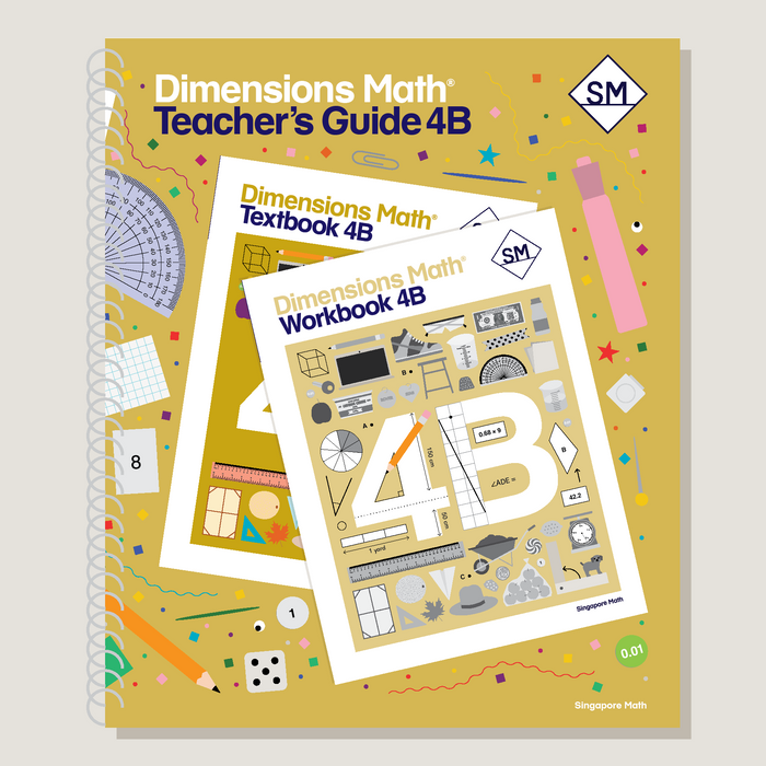 Cover of 'Dimensions Math Teacher's Guide 4B' featuring the title and images of a textbook and workbook with mathematical content.