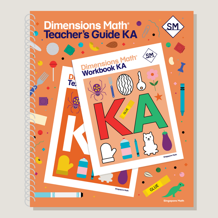 Dimensions Math Teacher's Guide and Workbook KA on an orange background with colorful illustrations.
