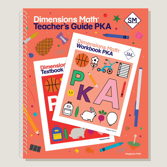 Dimensions Math Teacher's Guide PKA with Workbook and Textbook on a red background