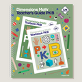 Dimensions Math Teacher's Guide, Textbook, and Workbook for PKB on a green background with colorful icons.
