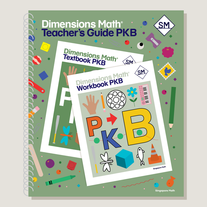 Dimensions Math Teacher's Guide, Textbook, and Workbook for PKB on a green background with colorful icons.