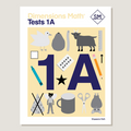 Cover of 'Dimensions Math Tests 1A' featuring a yellow background with illustrations of a bird, a goat, a star, a pencil, and scissors, along with the text '1A' and the Singapore Math logo.