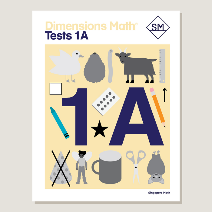Cover of 'Dimensions Math Tests 1A' featuring a yellow background with illustrations of a bird, a goat, a star, a pencil, and scissors, along with the text '1A' and the Singapore Math logo.