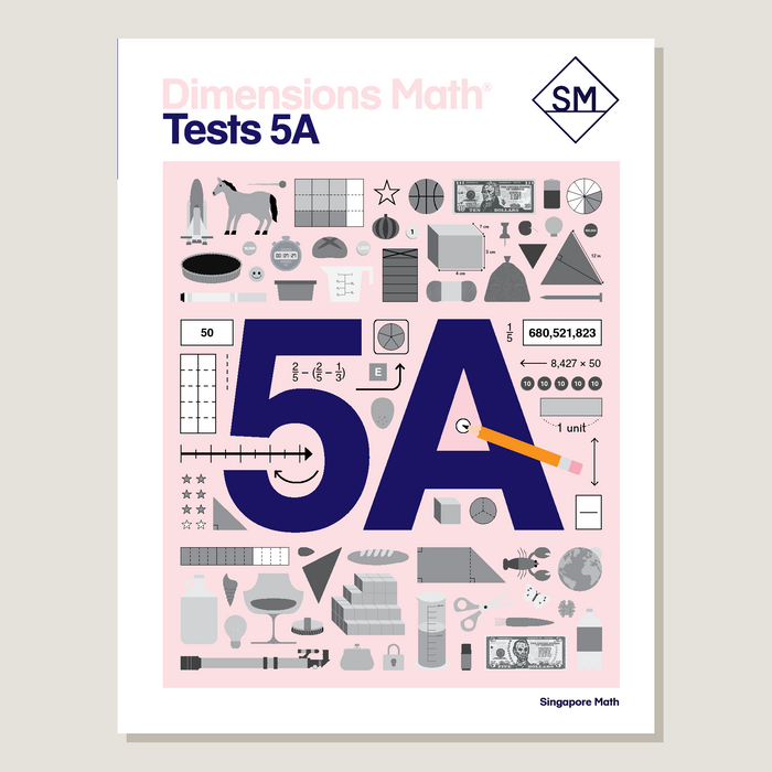 Cover of 'Dimensions Math Tests 5A' featuring a pink background with decorative elements and the Singapore Math logo.