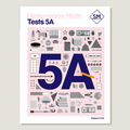 Cover of 'Dimensions Math Tests 5A' featuring a pink background with decorative elements and the Singapore Math logo.