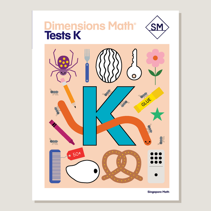 Cover of 'Dimensions Math Tests K' with colorful illustrations on a beige background