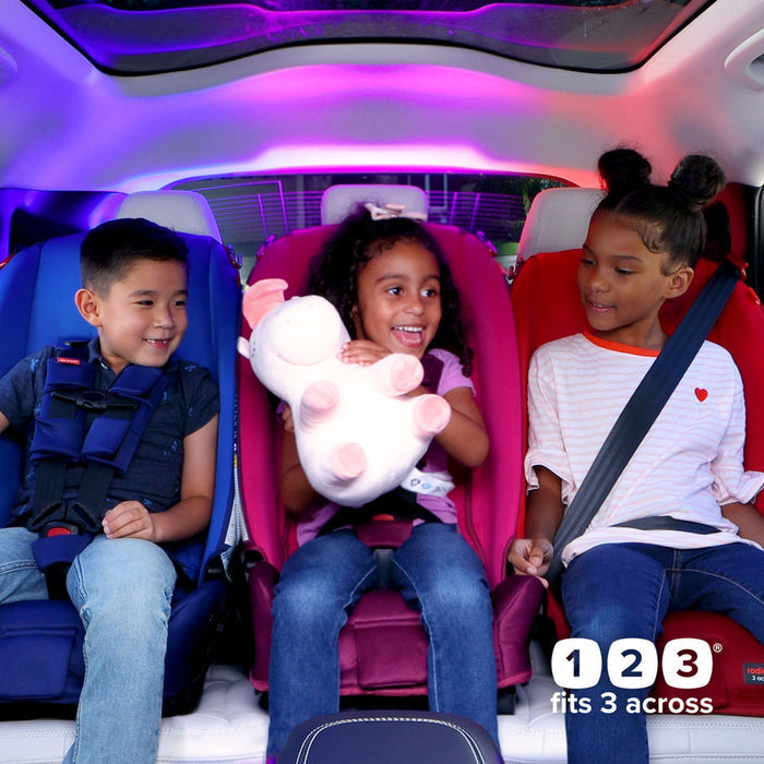 3 kids sit side by side in Diono Radian 3R Convertible Car Seat