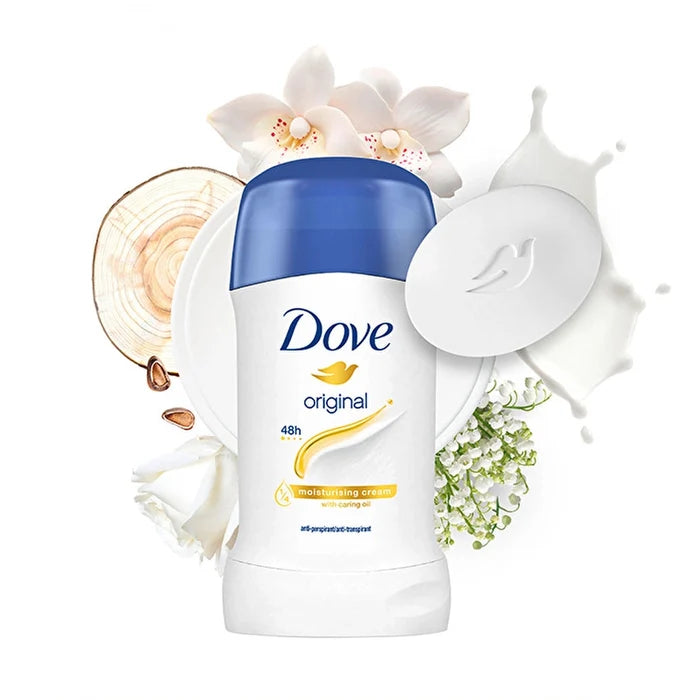 Dove deodorant stick with floral elements on a white background