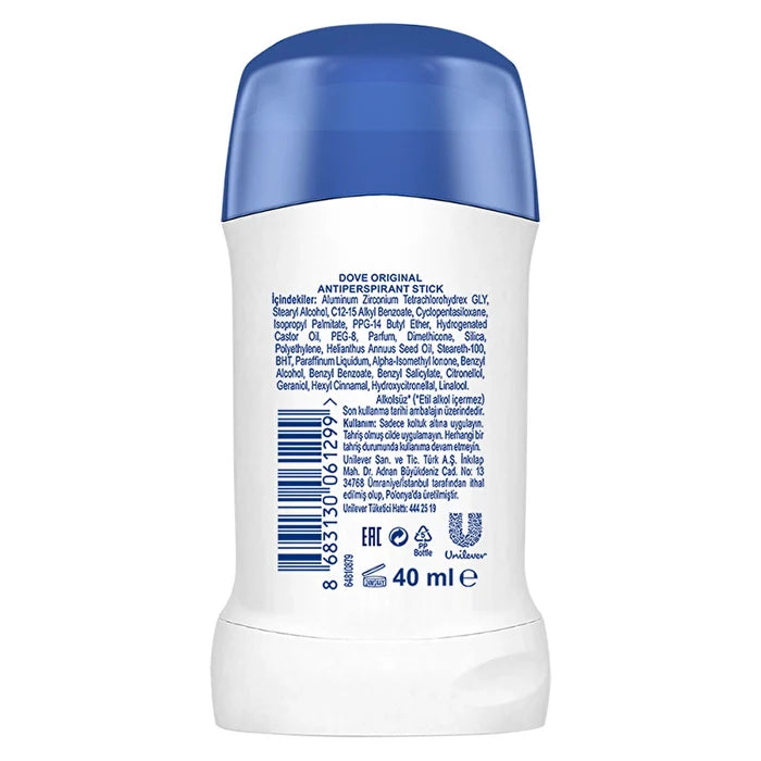 Back side photo of Dove antiperspirant stick with blue cap with ingredients and barcode on a white background