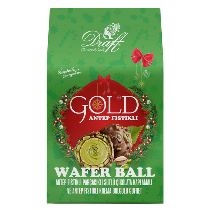 Draft Gold Pistachio Wafer Balls bring a rich fusion of crunchy wafer, smooth pistachio cream, and a luscious milk chocolate coating.