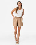 Elastic waist linen shorts LAMU in Brown windowpane - MagicLinen