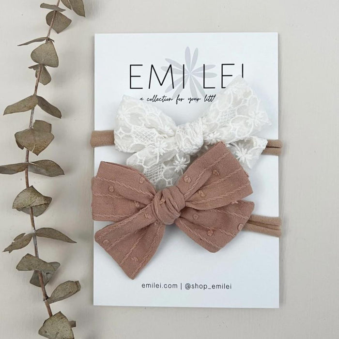 Emi Lei Bow Set - Nylon Headband - Rose Mauve/Lace