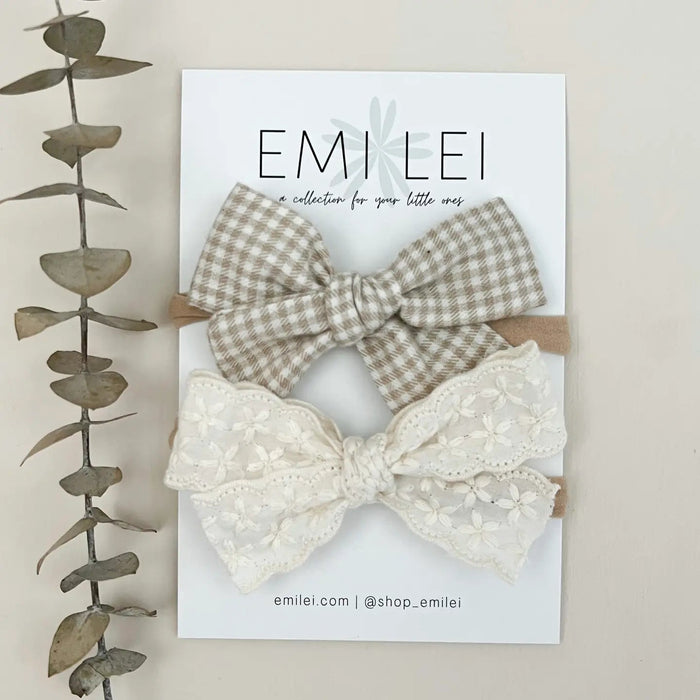 Emi Lei Nylon Stretchy Bow Headband Set - Taupe Mini Chk Lace
