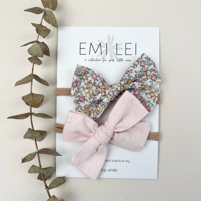 Emi Lei Bow Set - Nylon Headband - Pastel Floral / Soft Pink
