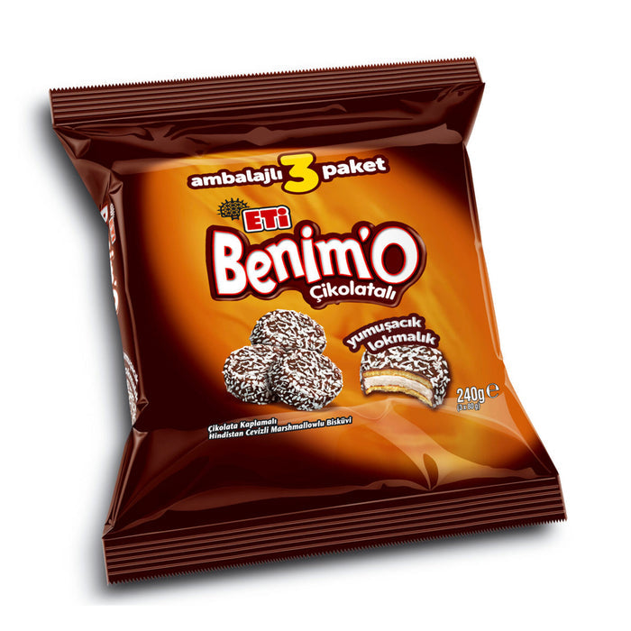 Eti Benimo Chocolate Covered Coconut Biscuit brings together rich chocolate, soft marshmallow, and tropical coconut in a deliciously layered treat.