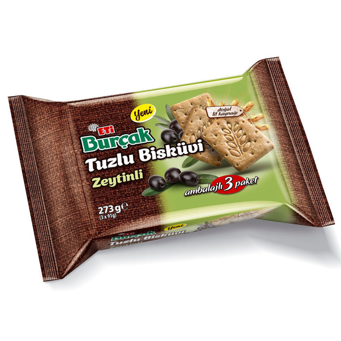 Enjoy the rich, savory taste of Eti Burcak Savory Olive Biscuits, made with whole wheat flour and re