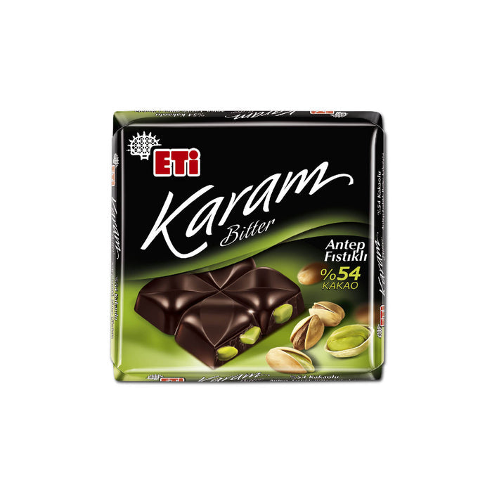 Eti Karam 54% Cacao Pistachio Dark Chocolate Bar is a rich and bold treat crafted for true dark choc
